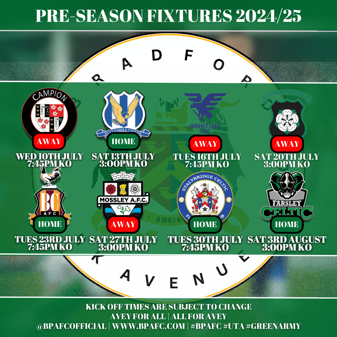 Bradford (Park Avenue) AFC News 24/25 PRESEASON FIXTURES!